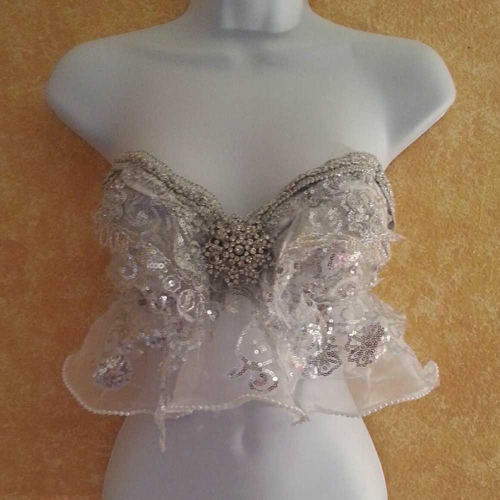 Silver Sequin Organza Crystal Babydoll Crop Top - Picture 6 of 6